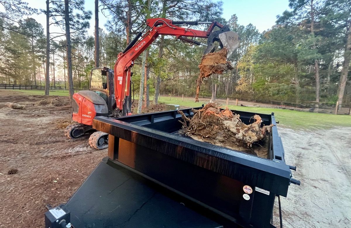 Excavator loading cleared stumps and root balls into a dump trailer