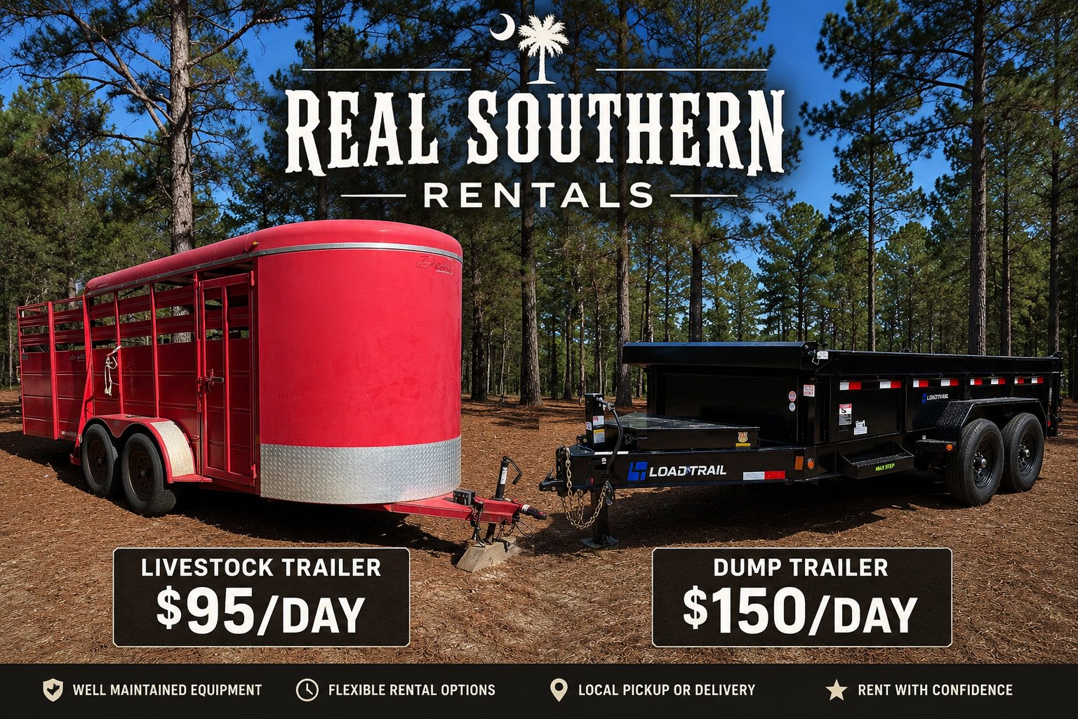 Real Southern Rentals — livestock trailer $95 per day and dump trailer $150 per day