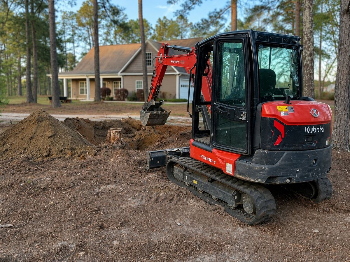 Compact excavator doing dirt work beside a house